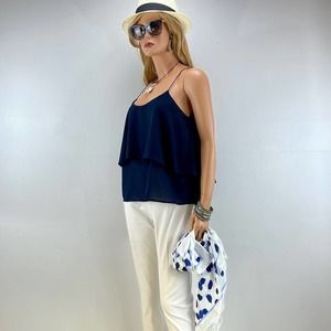 Solid Layered Spaghetti Strap Cami Top L Navy Blue